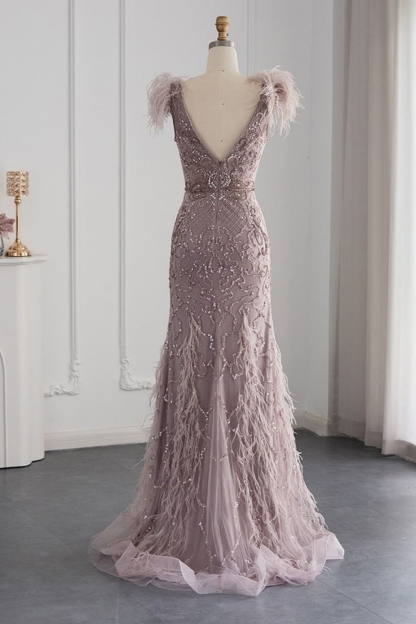 Bmbridal A-Line Taupe V-Neck Tulle Cap Sleeves Prom Dresses with Appliques