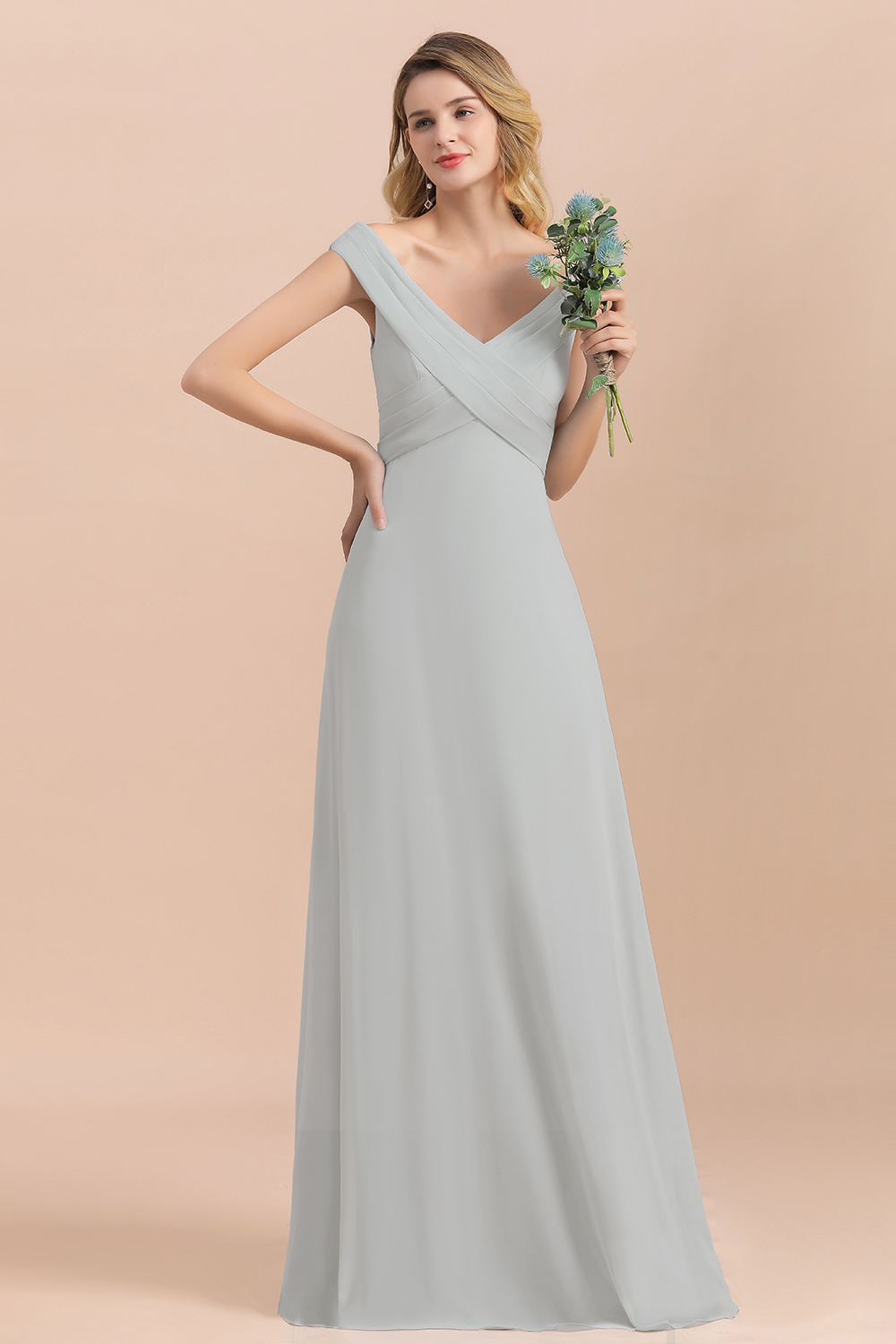 BMbridal Modest Off-the-Shoulder Mist Chiffon Bridesmaid Dresses with Pleats-BMbridal