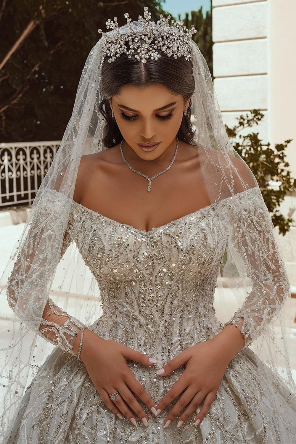 BMbridal Long Sleeves Crystal Wedding Dress Ball Gown Off-the-Shoulder-BMbridal