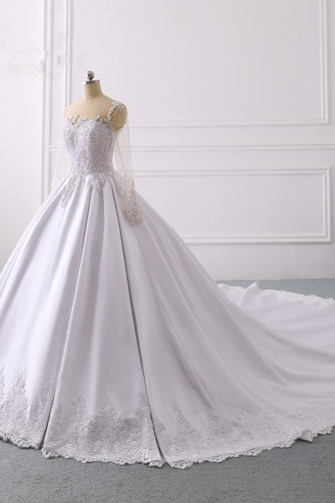 BMbridal Glamorous Ball Gown Jewel Satin Tulle Wedding Dress Long Sleeves Ruffles Lace Bridal Gowns Online-BMbridal