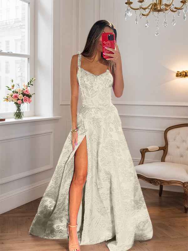 Hot Pink A Line Floral Long Prom Dress with High Slit