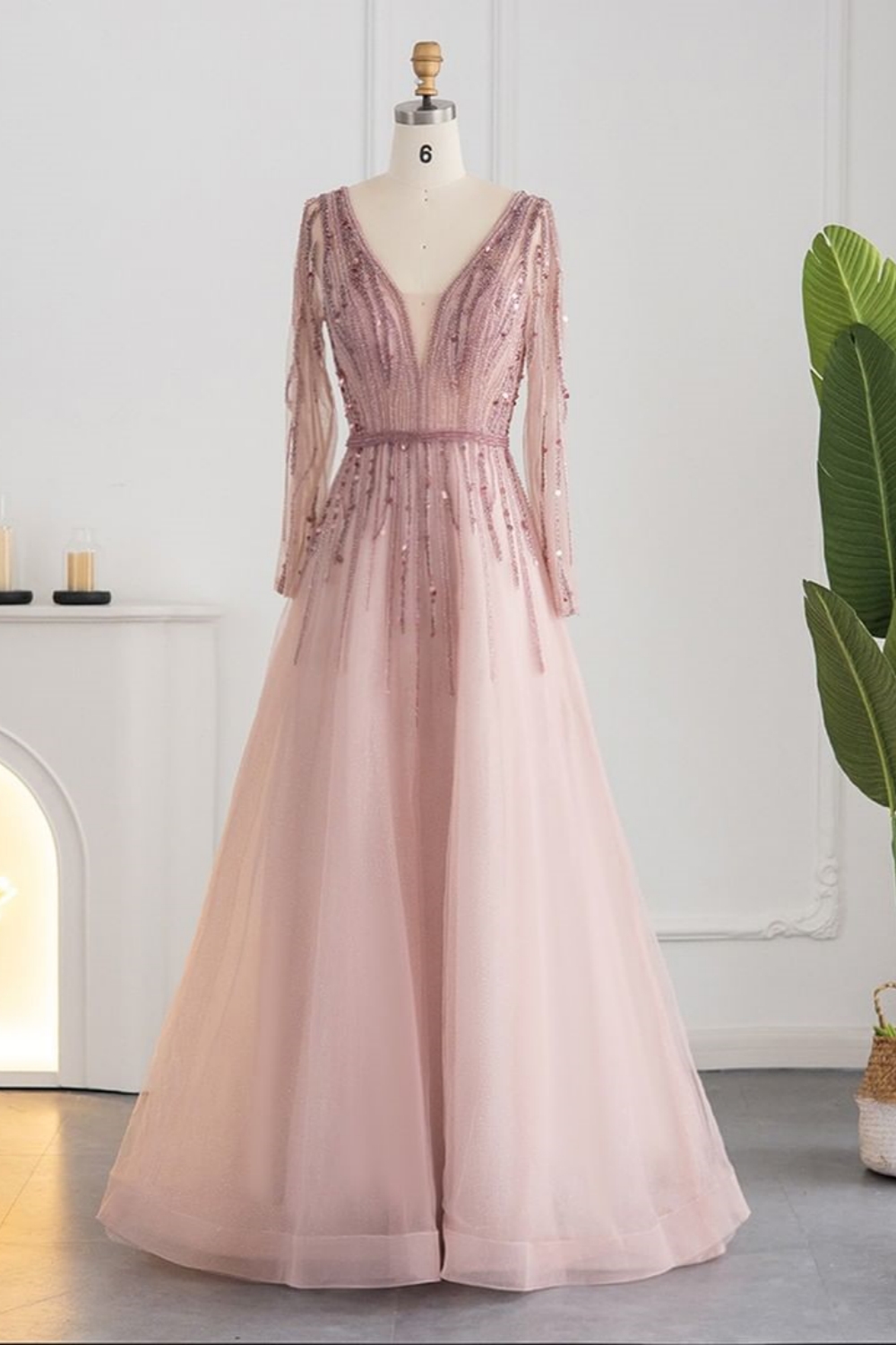 Bmbridal Champagne A-Line Long Sleeves V-Neck Prom Dresses with Appliques