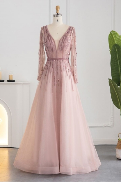 Bmbridal Champagne A-Line Long Sleeves V-Neck Prom Dresses with Appliques