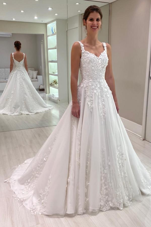 Chic Floor-Length A-Line V-Neck Spaghetti Straps Sleeveless Tulle Lace Wedding Dresses with Appliques-BMbridal