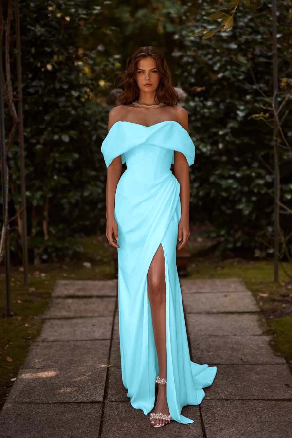 Off the Shoulder Sleeveless Long Mermaid Prom Dress With Split Pleated