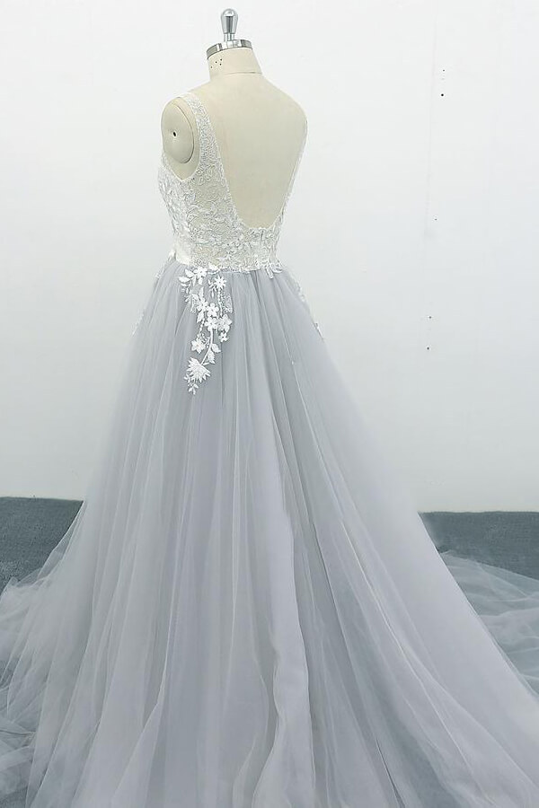 BMbridal Square Neck Appliques Tulle A-line Wedding Dress On Sale-BMbridal