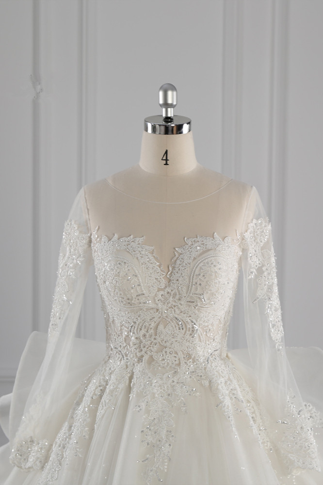 BMbridal Gorgeous Jewel Lace Tulle Wedding Dress Long Sleeves Beadings Bridal Gowns On Sale-BMbridal