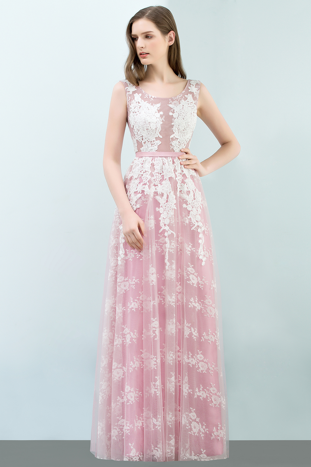 BMbridal Elegant Pink Sleeveless Prom Dress Tulle Long Evening Gowns With Lace Appliques