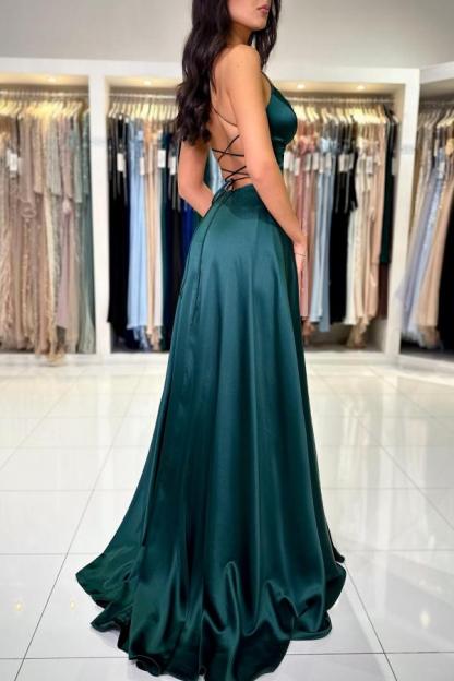 Bmbridal Ink Blue Spaghetti-Straps Prom Dress V-Neck Sleeveless With Slit