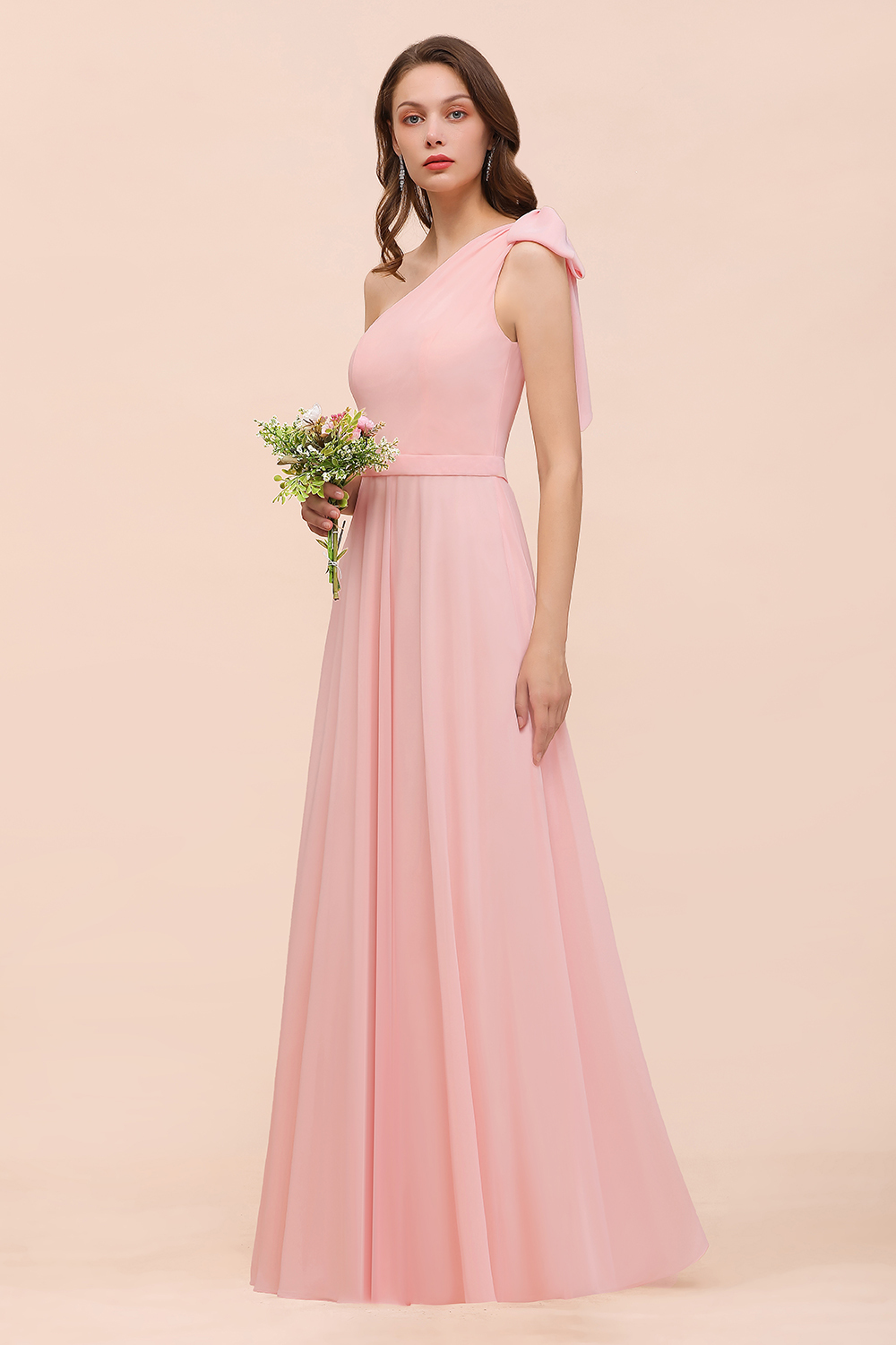 BMbridal Chic One Shoulder Sleeveless Pink Chiffon Bridesmaid Dress with Bow-BMbridal
