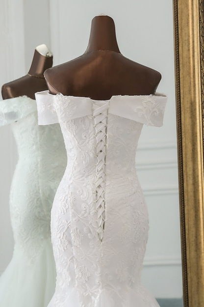 BMbridal Glamorous Tulle Lace Off-the-Shoulder White Mermaid Wedding Dresses Online