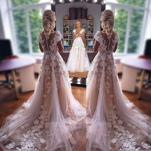 Bmbridal Short Sleeves Wedding Dress Lace Appliques Zipper Back-BMbridal