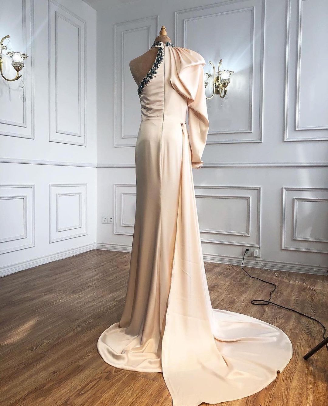 BMbridal One Shoulder Long Sleeves Beads Prom Dress WIth Slit
