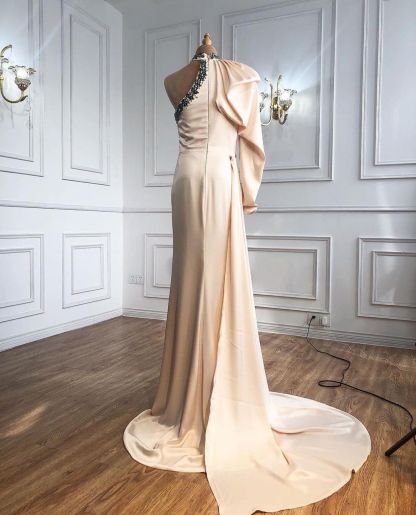 BMbridal One Shoulder Long Sleeves Beads Prom Dress WIth Slit