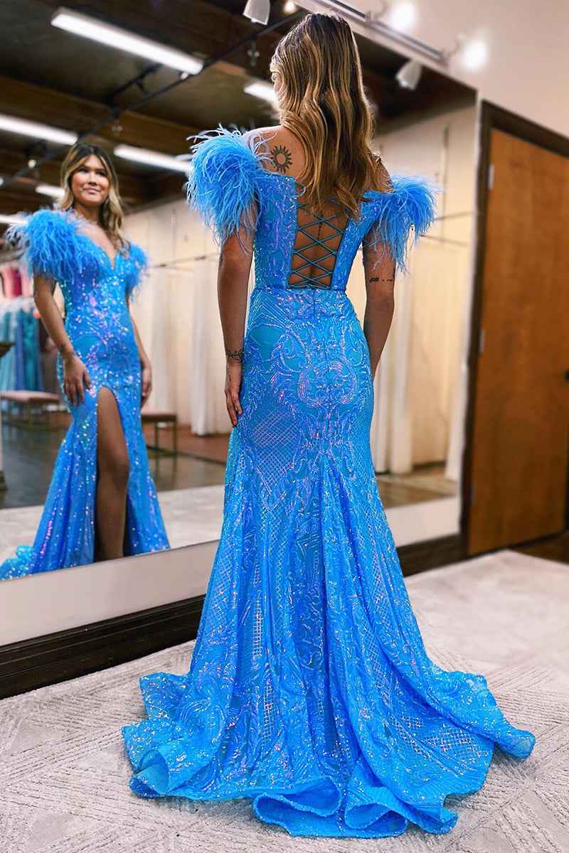 Glitter Royal Blue Mermaid Off the Shoulder Sequins Long Prom Dress with Feather
