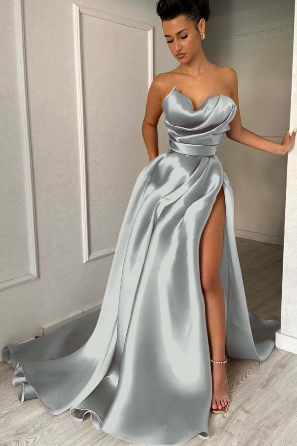 Strapless Sleeveless Long Prom Dress With High Split Pleated