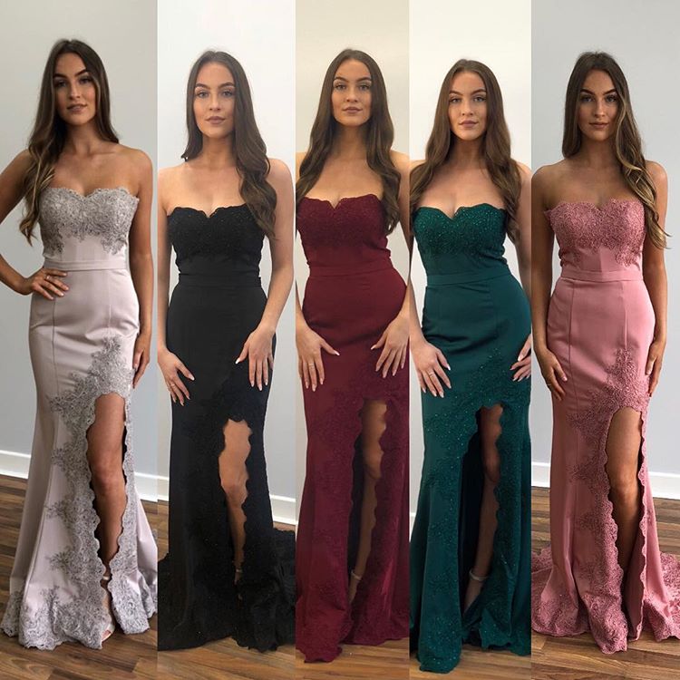 Bmbridal Strapless Mermaid Prom Dress Lace Appliques With Slit