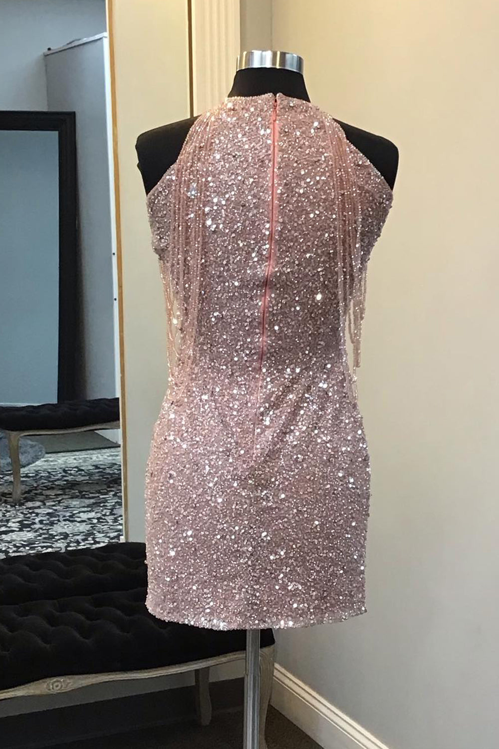Sparkly Champagne Sequin Round Neck Tight Short Homecoming Dress with Fringes-BMbridal