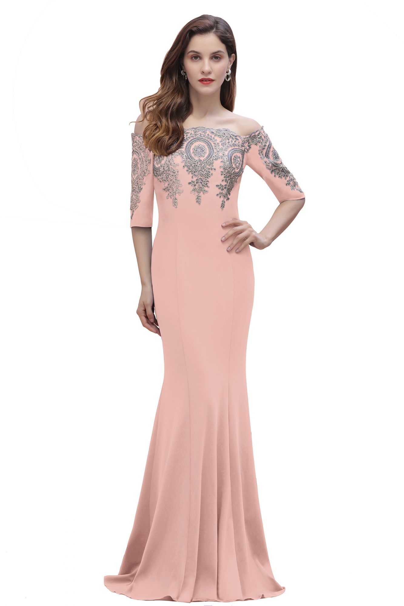 BMbridal Mermaid Off-Shoulder Chiffon Lace Half Sleeve Evening Dress