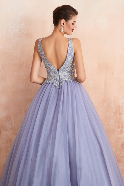 BMbridal Gorgeous Lavender Lace Prom Dress V-Neck Ball Gown Tulle Formal Wears