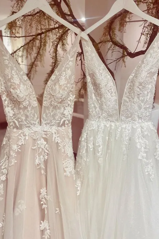 Classic Backless Long A-Line V-Neck Wedding Dress with Tulle Lace