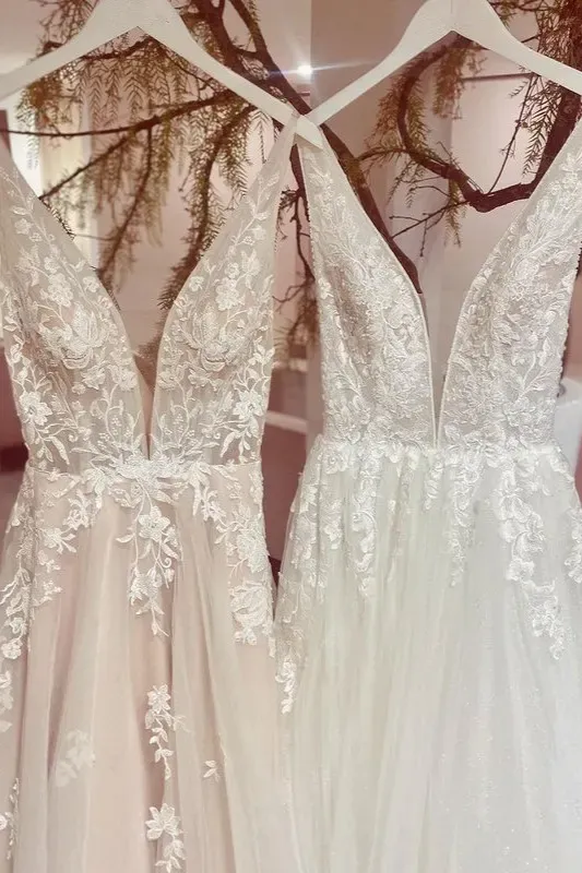 Classic Backless Long A-Line V-Neck Wedding Dress with Tulle Lace