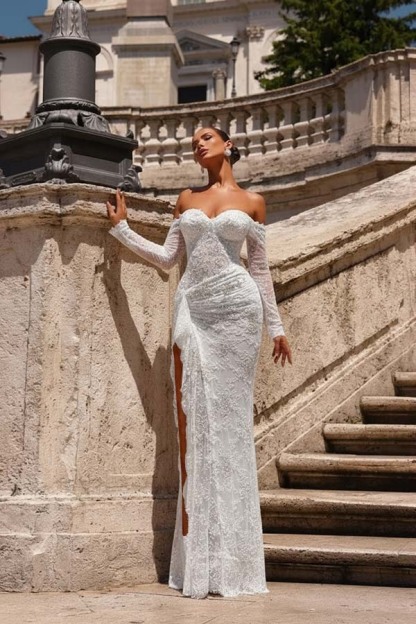 Off the Shoulder Long Sleeves Long Mermaid Prom Dress With Lace Appliques