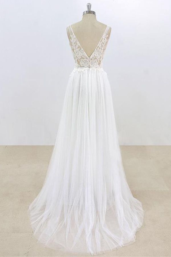 BMbridal Sexy V-neck Sleeveless Straps Wedding Dresses White Tulle Ruffles Lace Bridal Gowns Online