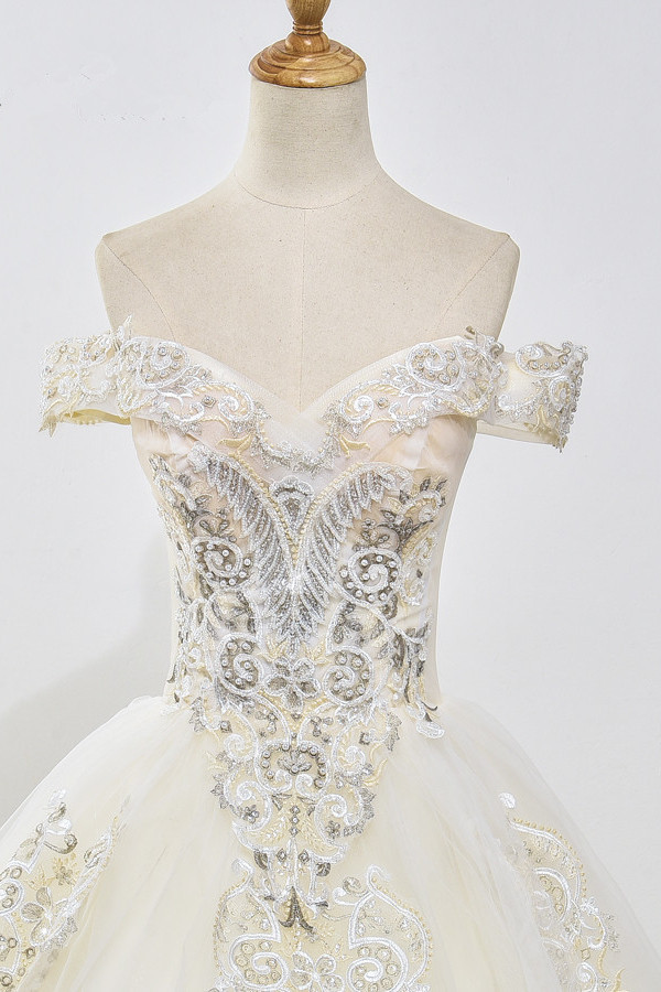 BMbridal Gorgeous Off-the-Shoulder Champagne Tulle Wedding Dress Ball Gown Lace Appliques Sleeveless Bridal Gowns Online-BMbridal