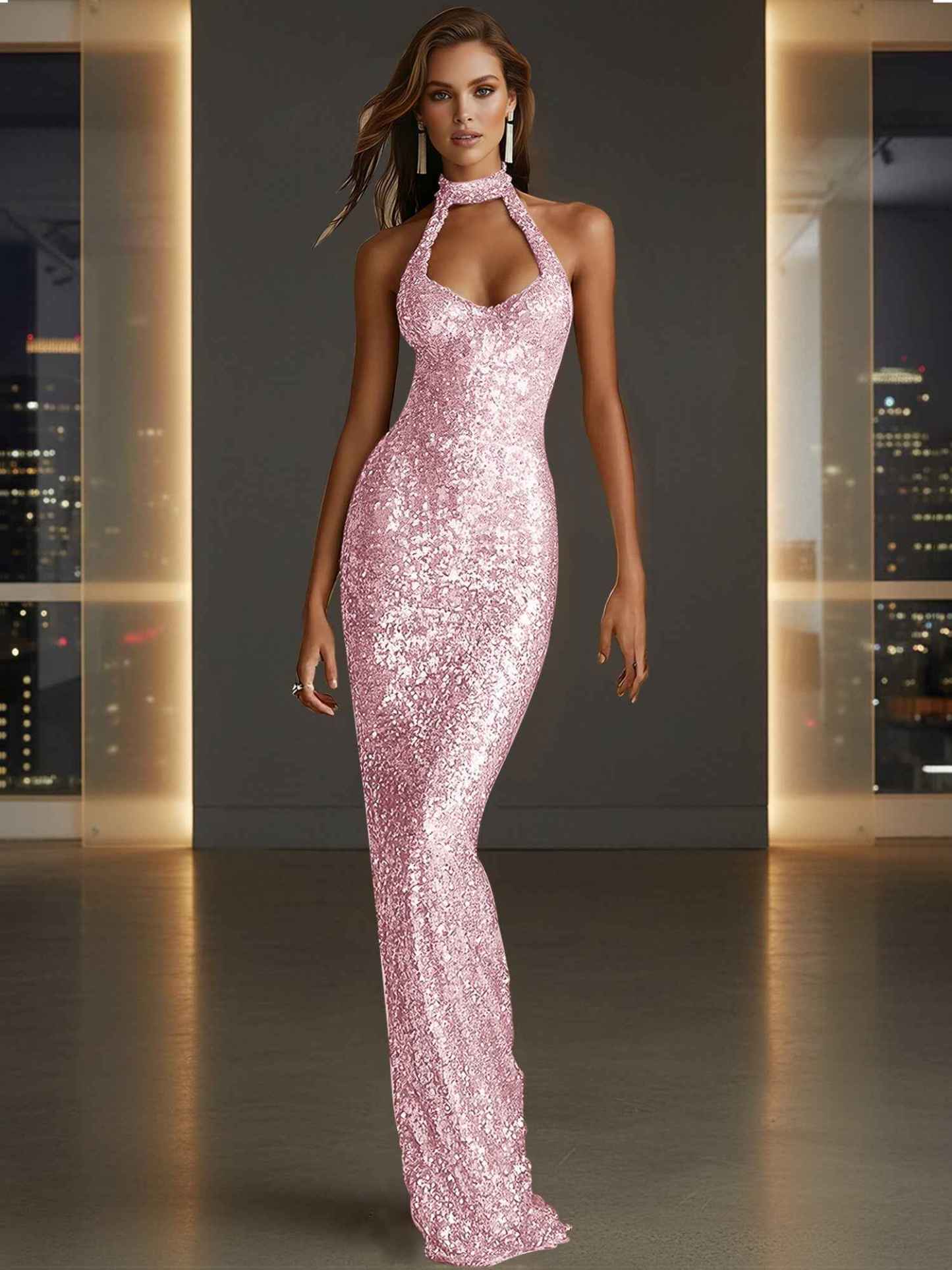 Glamorous Gold Sequin Halter Neck Mermaid Long Prom Dress