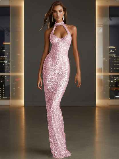 Glamorous Gold Sequin Halter Neck Mermaid Long Prom Dress