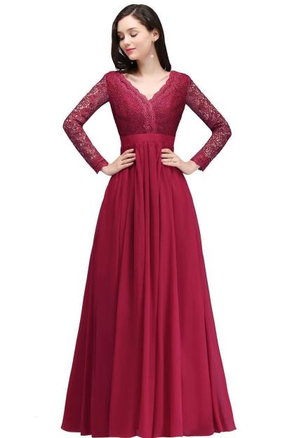 BMbridal Elegant A-line Chiffon Lace Long Sleeves Evening Dress