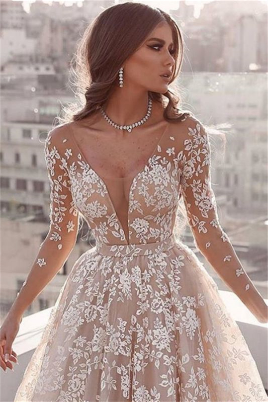 Long Sleeves Tulle A Line Wedding Dress with Lace Appliques