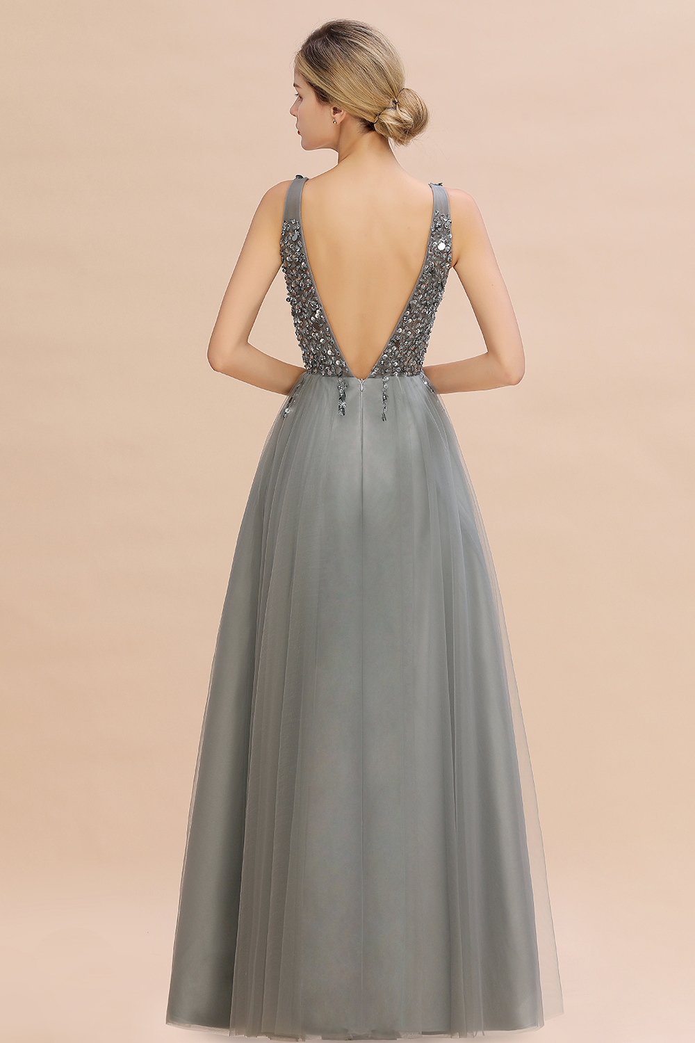 BMbridal Glamorous V-Neck Sleeveless Prom Dress Long Tulle Evening Gowns With Crystals