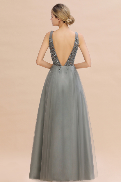 BMbridal Glamorous V-Neck Sleeveless Prom Dress Long Tulle Evening Gowns With Crystals