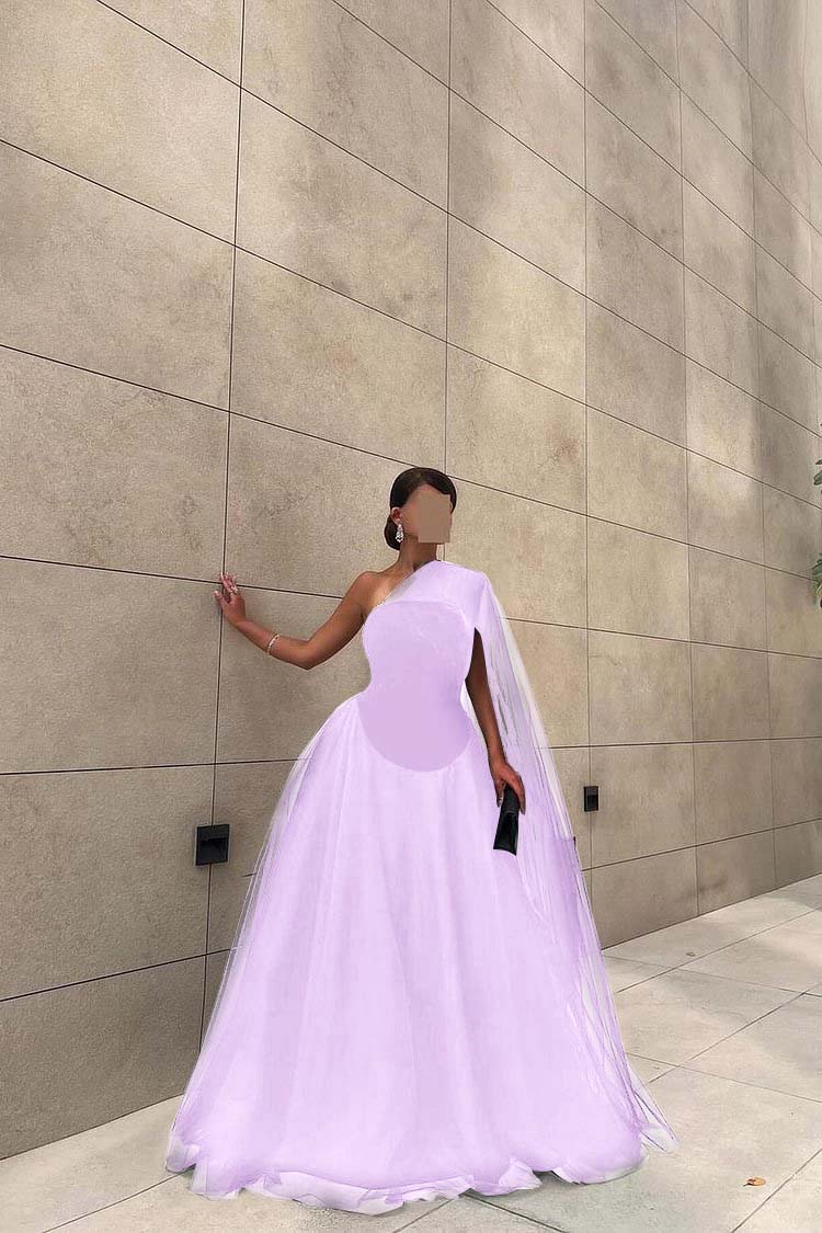 Chic Black Tulle One Shoulder Sleeveless Ball Gown Long Prom Dress