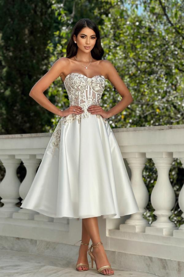 Charming White A-Line Strapless Sweetheart Tea-Length Satin Prom Dresses-BMbridal