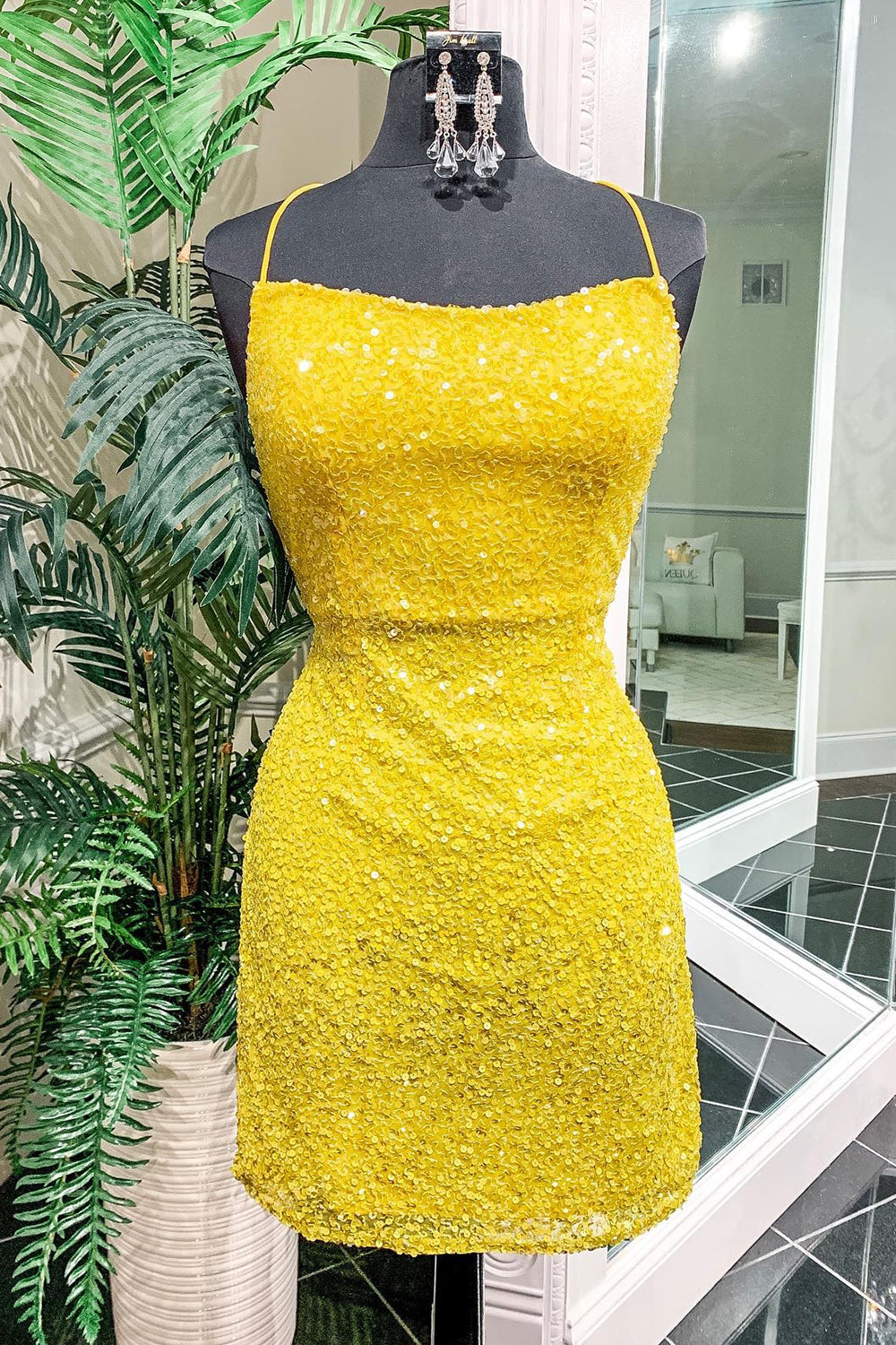 Yellow Sequins Backless Short Homecoming Dress-BMbridal