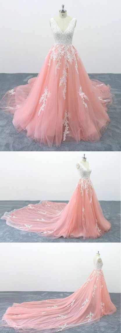 BMbridal Chic Peach Pink Tulle Lace Wedding Dress Cathedral Train Bridal Gowns On Sale