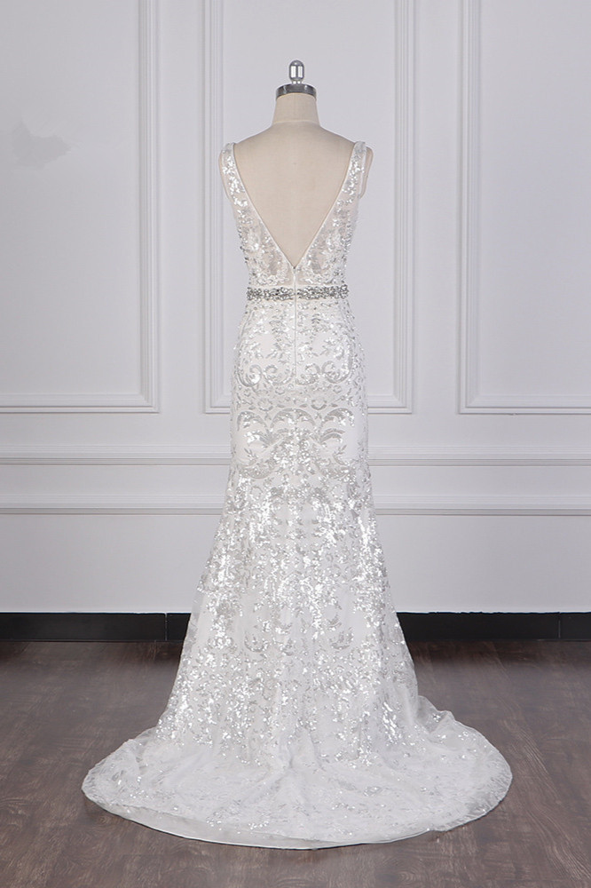 BMbridal Sparkly Sequins Straps V-Neck Wedding Dress Beadings Sleeveless Bridal Gowns with Sash On Sale-BMbridal