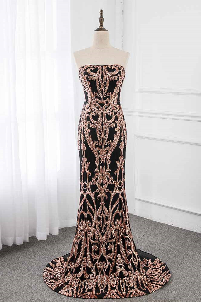 BMbridal Glamorous Strapless Sleeveless Prom Dress with Glod Appliques Online