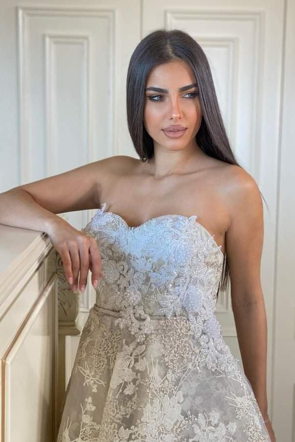 Beautiful A-Line Hi-Lo Sweetheart Strapless Lace Wedding Dresses-BMbridal