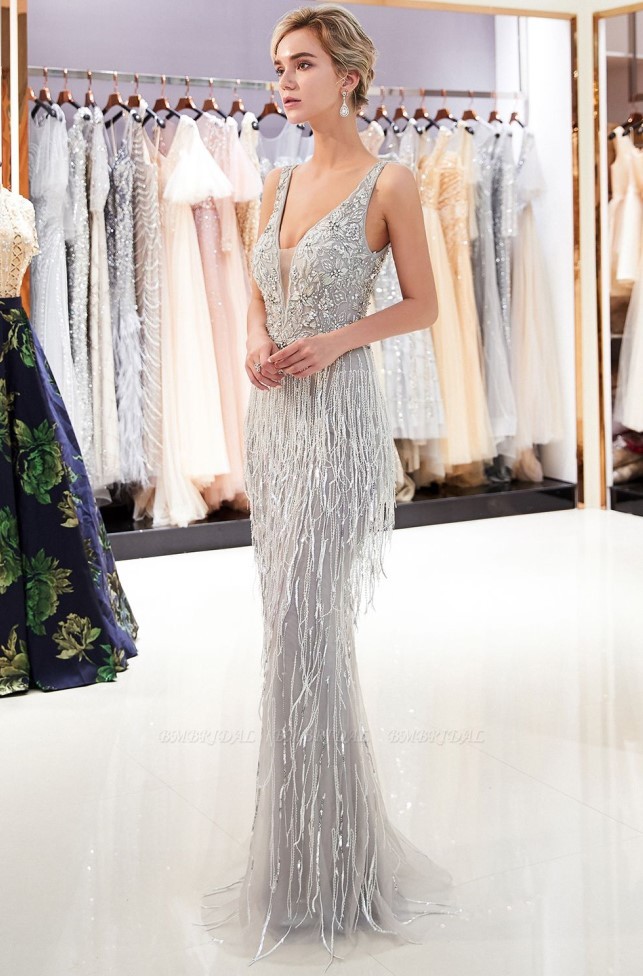 BMbridal Silver Mermaid Long Sequins Prom Dress Appliques