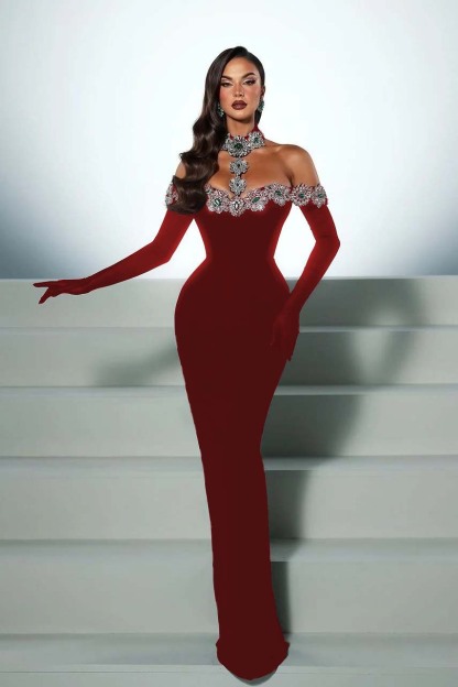 Halter Off the Shoulder Long Sleeves Long Mermaid Prom Dress With Beading