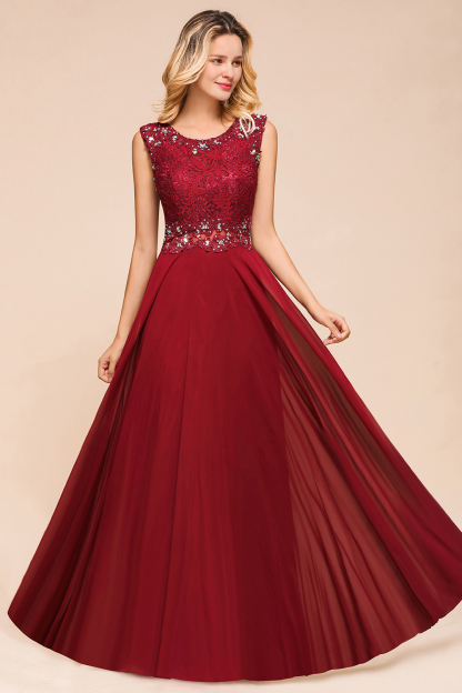 BMbridal Burgundy Lace Long Prom Dresses Sleeveless Chiffon Evening Gowns With Crystal