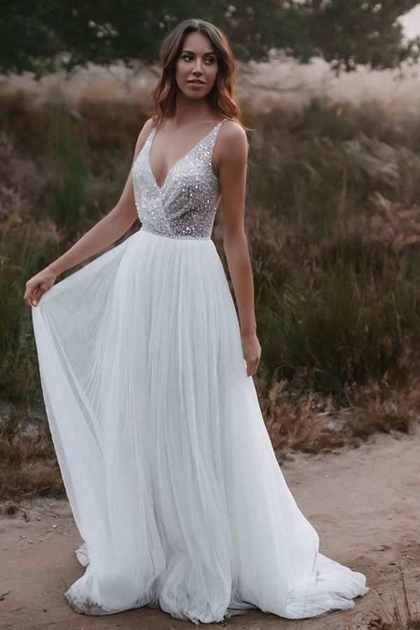 Stunning V-Neck Chiffon Tulle Open Back A-Line Long Boho Wedding Dress with Glitter