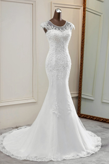 BMbridal Elegant Jewel Sleeveless White Lace Mermaid Wedding Dresses with Rhinestone Appliques