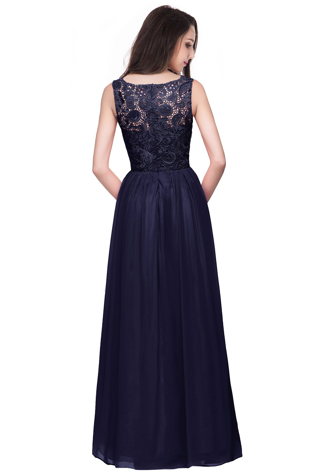 BMbridal Affordable A-line Chiffon Crew Lace Navy Long Bridesmaid Dresses In Stock