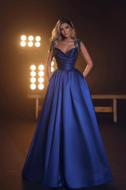 Bmbridal Cap Sleeves Evening Dress Sweetheart Long With Beads Pockets