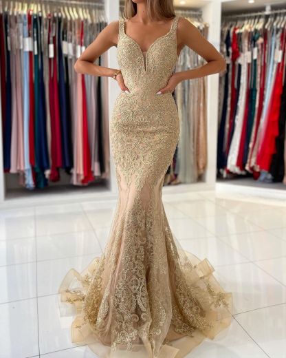 Bmbridal V-Neck Sleeveless Mermaid Prom Dress With Gold Appliques